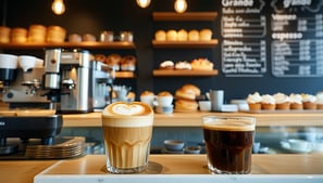 The image depicts an elegantly arranged coffee shop scene, highlighting two contrasting coffee sizes on the counter