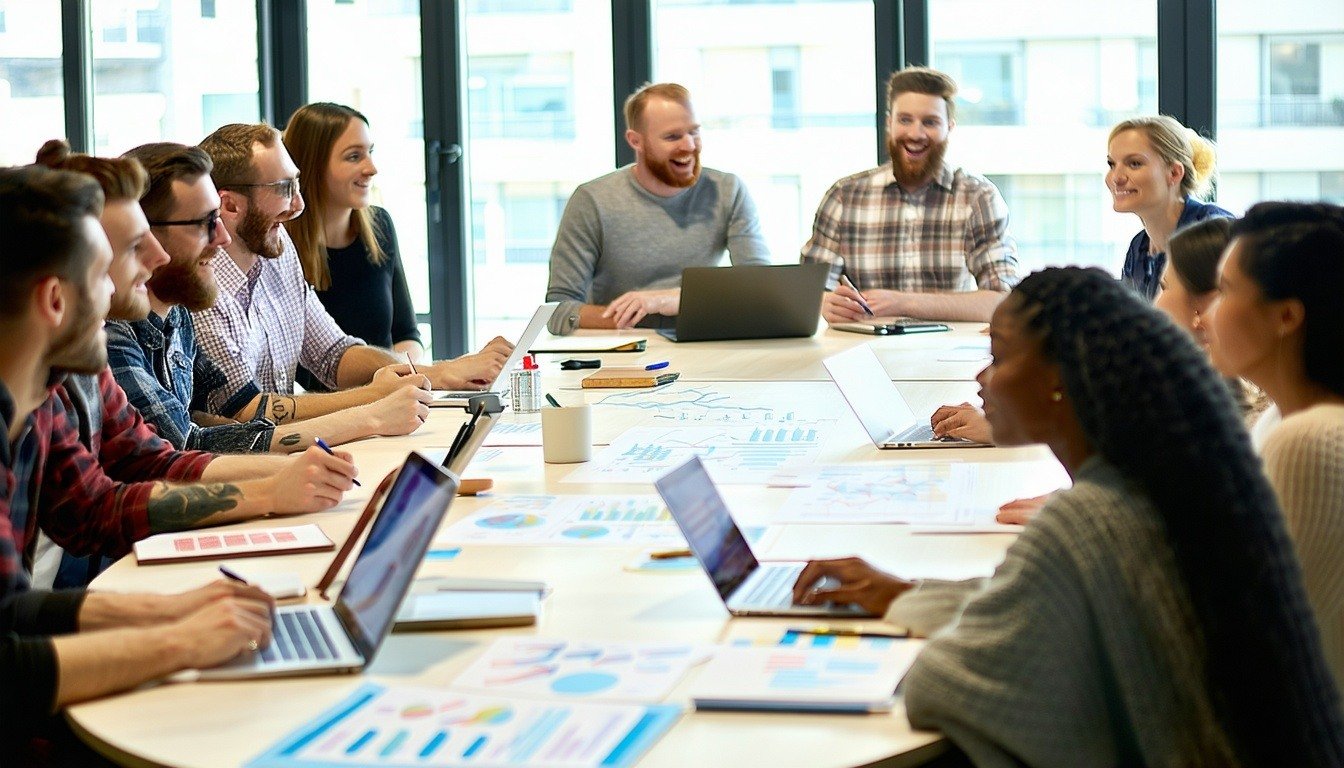 The image features a diverse group of professionals engaged in a collaborative meeting They are seated around a large oval table with laptops and notepads in front of them The participants a mix of men and women of varying ages and ethnicities appear